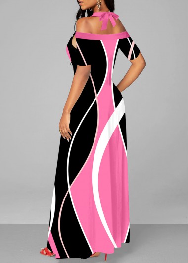 Pink dresses,Black dresses,Geometric dresses,Striped dresses,ROTITA Cut Out Geometric Print Pink Maxi Dress