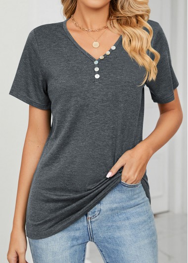 Dark Grey tops,Plain Color tops,Button Dark Grey V Neck T Shirt