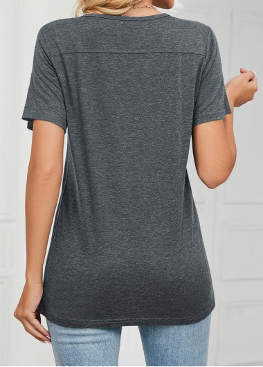 Dark Grey tops,Plain Color tops,Button Dark Grey V Neck T Shirt