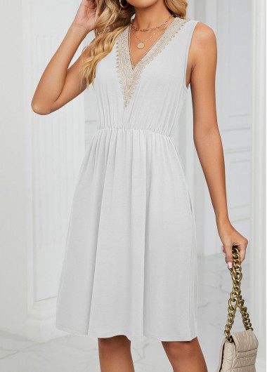 White dresses,Plain Color dresses,Patchwork White Short V Neck Sleeveless Dress