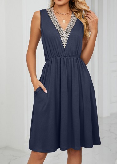 Navy dresses,Plain Color dresses,Patchwork Navy Short V Neck Sleeveless Dress