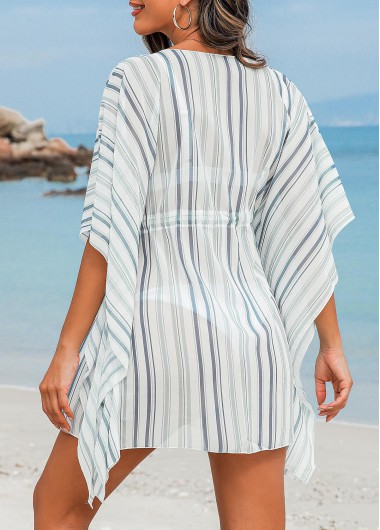 White swimwear,Striped swimwear,Geometric swimwear,Drawstring Half Sleeve White Striped Cover Up