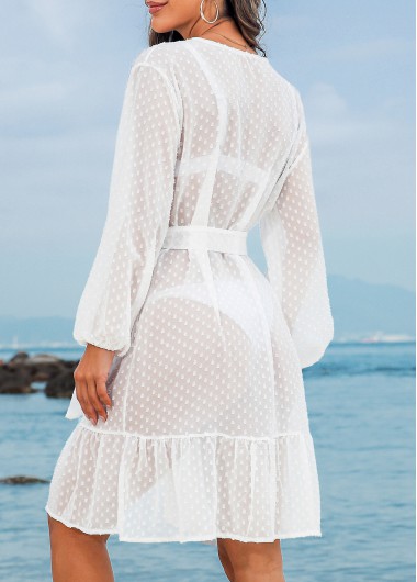 White swimwear,Plain Color swimwear,Bowknot Belted Button White Cover Up