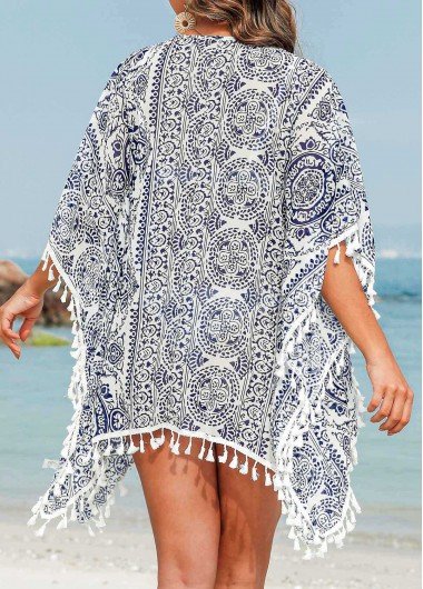Navy swimwear,White swimwear,Tribal swimwear,Tassel Navy Tribal Print Cover Up