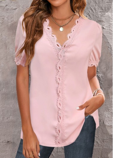 Light Pink tops,Plain Color tops,ROTITA Lace Light Pink V Neck Short Sleeve Blouse