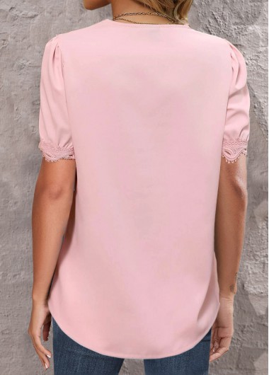 Light Pink tops,Plain Color tops,ROTITA Lace Light Pink V Neck Short Sleeve Blouse