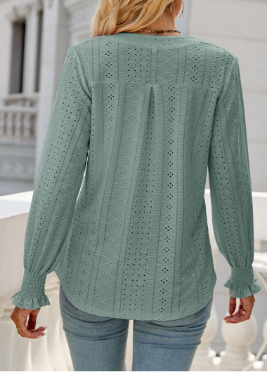 Sage Green tops,Plain Color tops,Breathable Sage Green Split Neck Long Sleeve Blouse