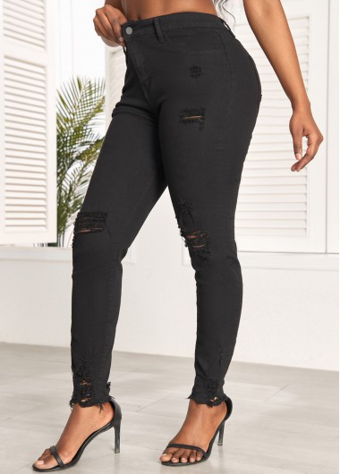 Black bottoms,Plain Color bottoms,Hole Black Skinny Zipper Fly High Waisted Jeans