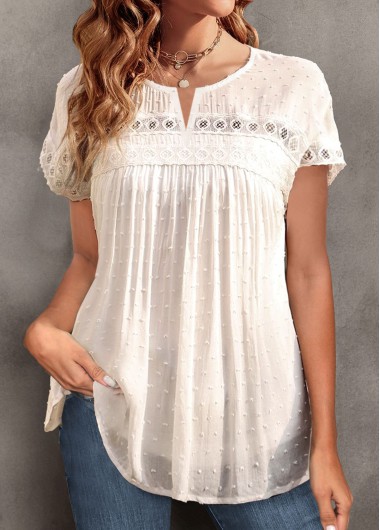 White tops,Plain Color tops,ROTITA Jacquard White Round Neck Short Sleeve T Shirt