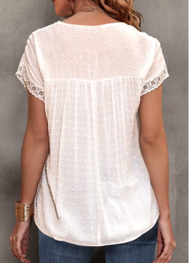 White tops,Plain Color tops,ROTITA Jacquard White Round Neck Short Sleeve T Shirt