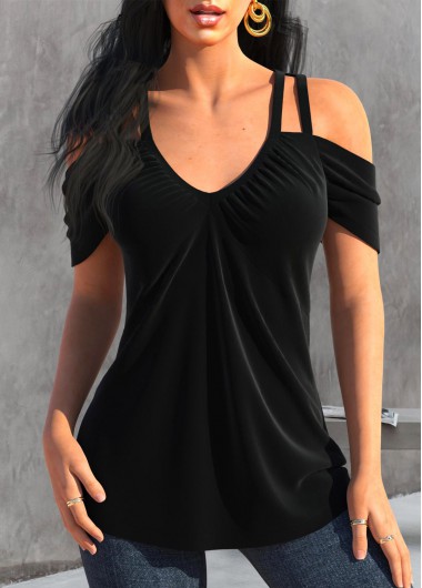 Black tops,Plain Color tops,ROTITA Ruched Black V Neck Short Sleeve T Shirt