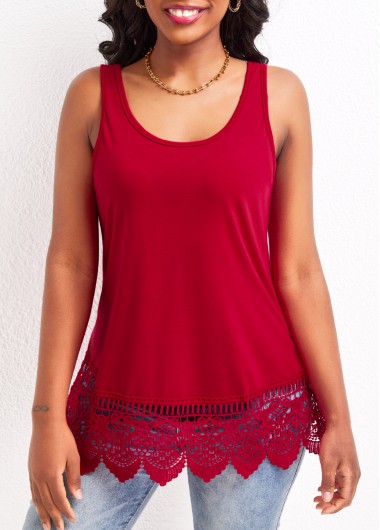 Red tops,Plain Color tops,Lace Red Scoop Neck Strappy Tank Top