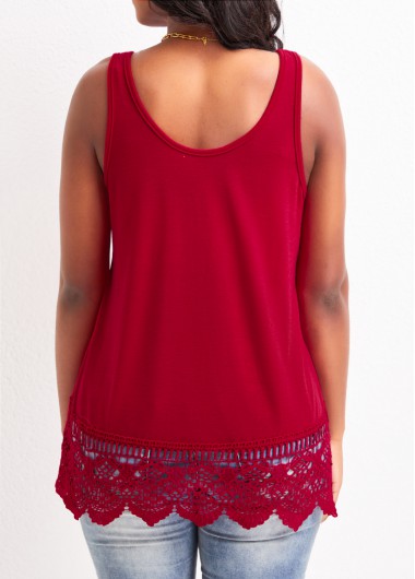 Red tops,Plain Color tops,Lace Red Scoop Neck Strappy Tank Top