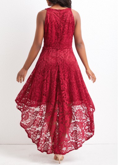 Wine Red dresses,Plain Color dresses,Lace Wine Red High Low Round Neck Dress