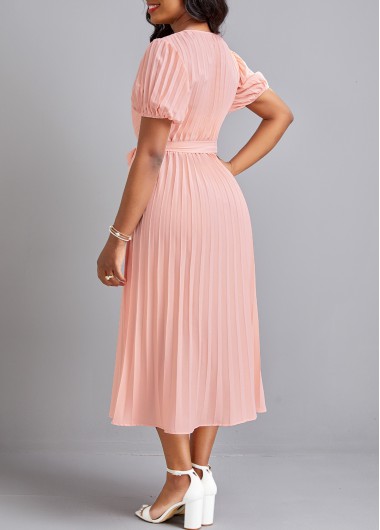 Light Pink dresses,Plain Color dresses,Pleated Light Pink Belted V Neck Dress