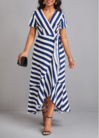 Blue dresses,White dresses,Striped dresses,Ruffle Striped Blue V Neck Maxi Dress