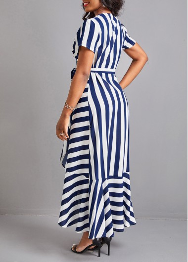Blue dresses,White dresses,Striped dresses,Ruffle Striped Blue V Neck Maxi Dress