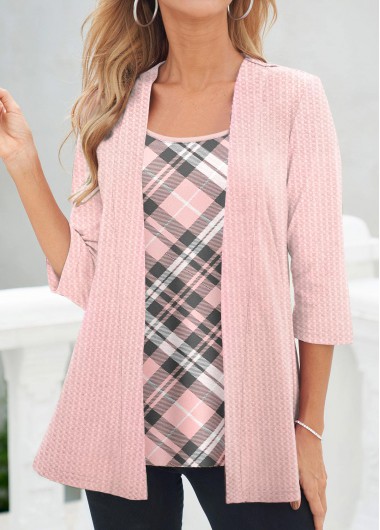 Pink plus size,Plaid plus size,Striped plus size,Geometric plus size,ROTITA Plus Size Fake 2in1 Pink Plaid T Shirt