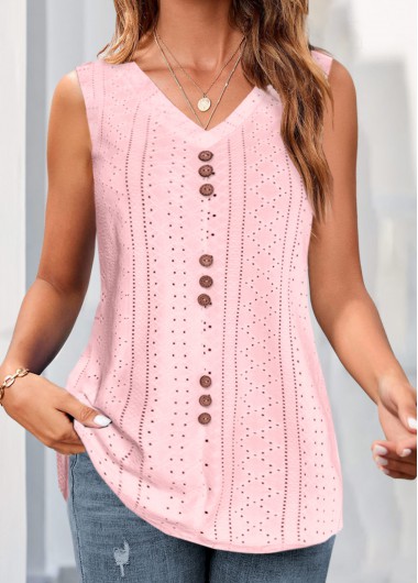 Pink plus size,Plain Color plus size,ROTITA Plus Size Button Pink V Neck Tank Top