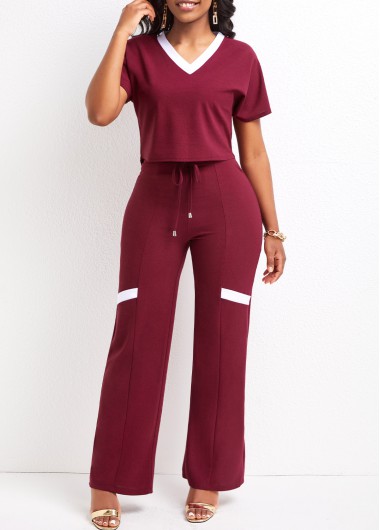 Dark Reddish Purple jumpsuits & rompers,Contrast Color jumpsuits & rompers,Tie Patchwork Dark Reddish Purple Long Top and Pants