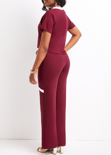 Dark Reddish Purple jumpsuits & rompers,Contrast Color jumpsuits & rompers,Tie Patchwork Dark Reddish Purple Long Top and Pants