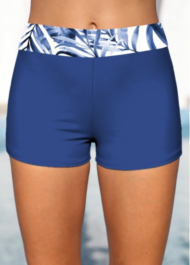 Dark Blue swimwear,Plants swimwear,ROTITA Dark Blue Leaf Print Mid Waisted Swim Shorts
