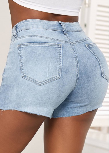 Denim Blue bottoms,Plain Color bottoms,Pocket Skinny Button Zipper Fly Denim Shorts