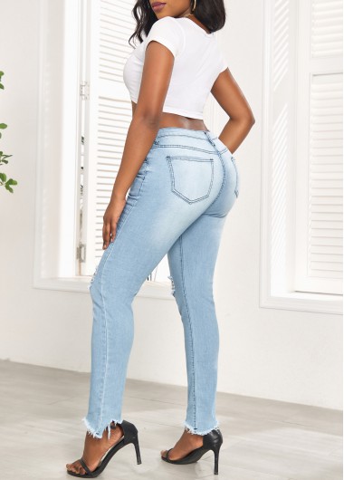 Light Blue bottoms,Plain Color bottoms,Pocket Light Blue Skinny Button Fly Jeans