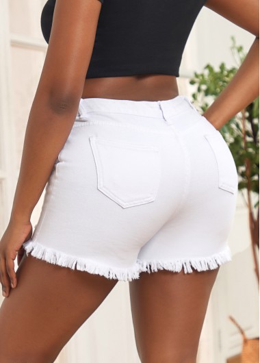White bottoms,Plain Color bottoms,Pocket White Skinny Zipper Fly Mid Waisted Denim Shorts