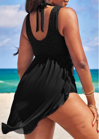 Black swimwear,Plain Color swimwear,ROTITA Lace Black High Waisted Swimdress and Panty