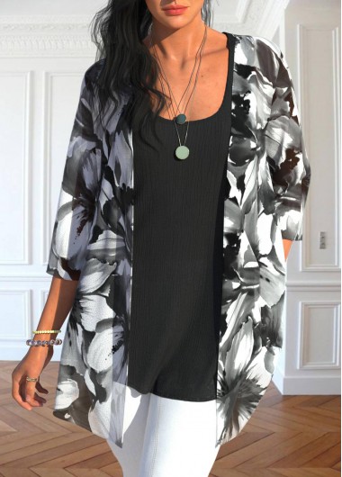 Black tops,White tops,Floral tops,ROTITA Two Piece Floral Print Black Tank Top and Cardigan