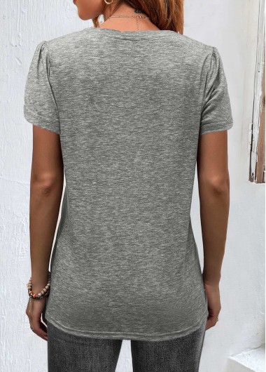 Grey tops,Plain Color tops,ROTITA Lace Grey V Neck Short Sleeve T Shirt