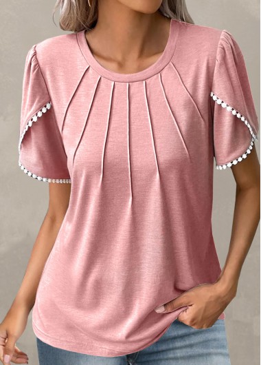 Light Pink tops,Plain Color tops,ROTITA Patchwork Light Pink Round Neck T Shirt