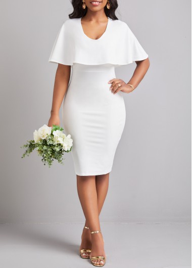 White dresses,Plain Color dresses,White Scoop Neck Cape Sleeve Bodycon Dress