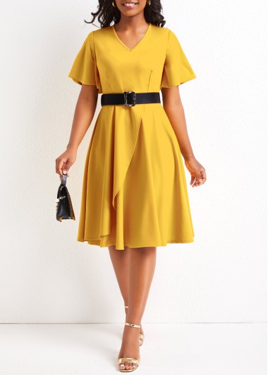 Yellow dresses,Plain Color dresses,Asymmetry Yellow Belted V Neck Short Sleeve Dress