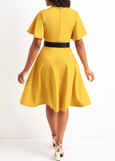 Yellow dresses,Plain Color dresses,Asymmetry Yellow Belted V Neck Short Sleeve Dress
