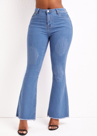 Denim Blue bottoms,Plain Color bottoms,Zipper Denim Blue Flare Leg Mid Waisted Jeans
