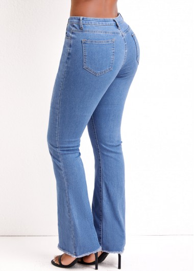 Denim Blue bottoms,Plain Color bottoms,Zipper Denim Blue Flare Leg Mid Waisted Jeans