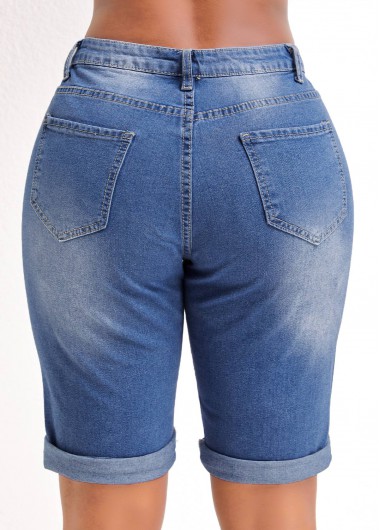 Blue bottoms,Plain Color bottoms,Pocket Blue Skinny Zipper Fly Mid Waisted Denim Shorts