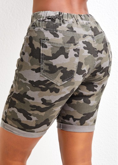 Multi Color bottoms,Graphic bottoms,Pocket Camouflage Print Multi Color Skinny Drawastring Denim Shorts