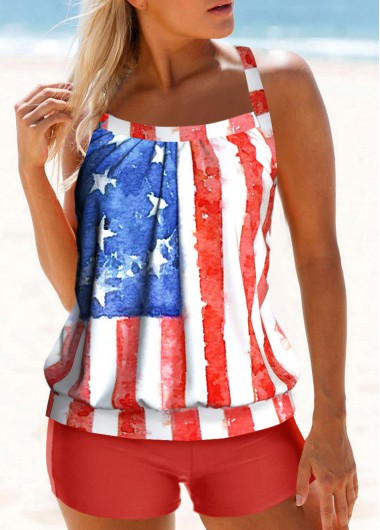 Red swimwear,White swimwear,Flag swimwear,Striped swimwear,ROTITA Criss Cross Red American Flag Print Tankini Set