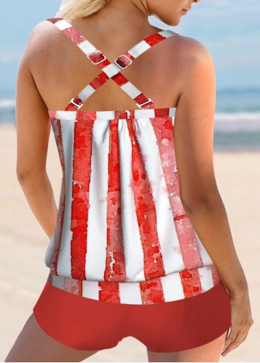 Red swimwear,White swimwear,Flag swimwear,Striped swimwear,ROTITA Criss Cross Red American Flag Print Tankini Set