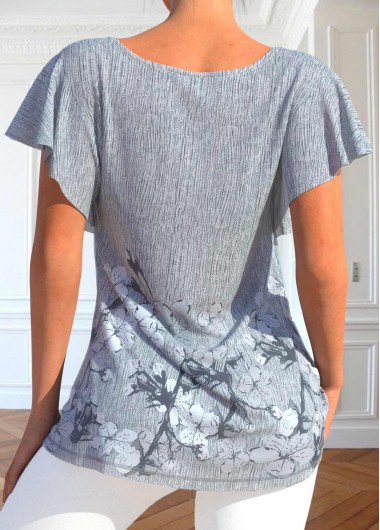 Grey tops,Floral tops,ROTITA Button Floral Print Grey Scoop Neck T Shirt
