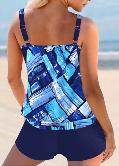 Navy swimwear,Geometric swimwear,ROTITA Patchwork Navy Geometric Print Mid Waisted Tankini Set