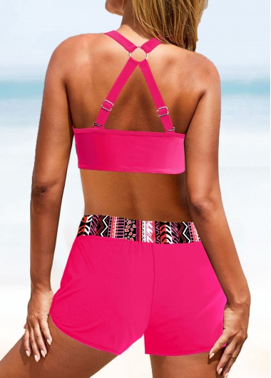 Hot Pink swimwear,Geometric swimwear,Striped swimwear,ROTITA Circular Ring Hot Pink Geometric Print Bikini Set
