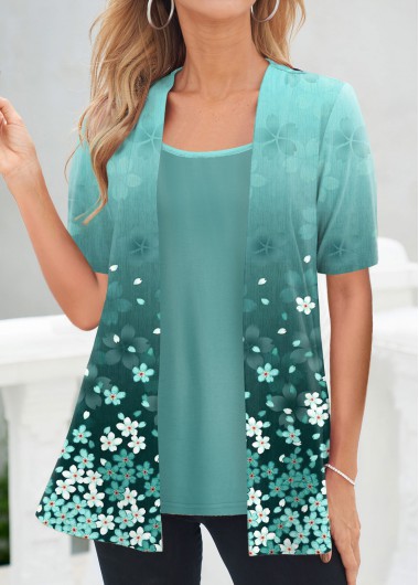 Cyan tops,Floral tops,Ombre tops,ROTITA Floral Print Cyan Square Neck Fake Two Piece Twinset