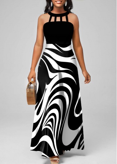 Black dresses,White dresses,Geometric dresses,ROTITA Cut Out Geometric Print Black Maxi Dress