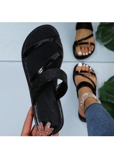 Black accessories,Plain Color accessories,Black PU Falt Open Toe Sliders