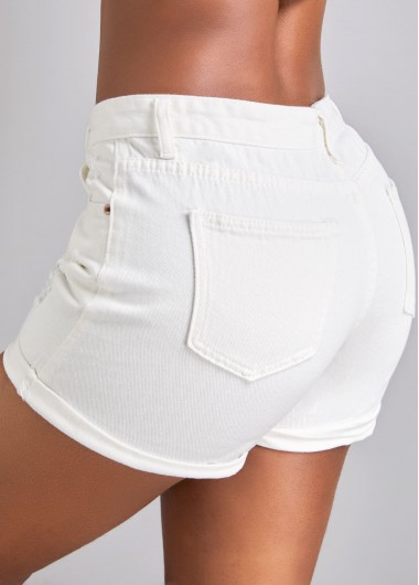 White bottoms,Plain Color bottoms,Pocket White Skinny Button Fly Mid Waisted Denim Shorts