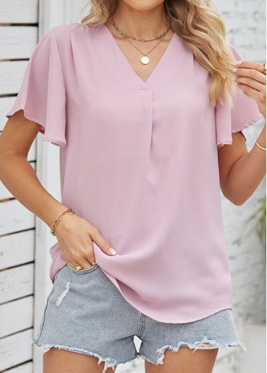 Pink tops,Plain Color tops,Ruched Pink V Neck Short Sleeve Blouse